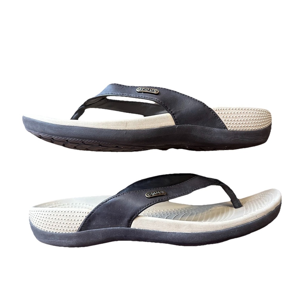 Crocs Womens Ella Brown Tan Comfortpath Leather Flip Flops 200028 Size 8